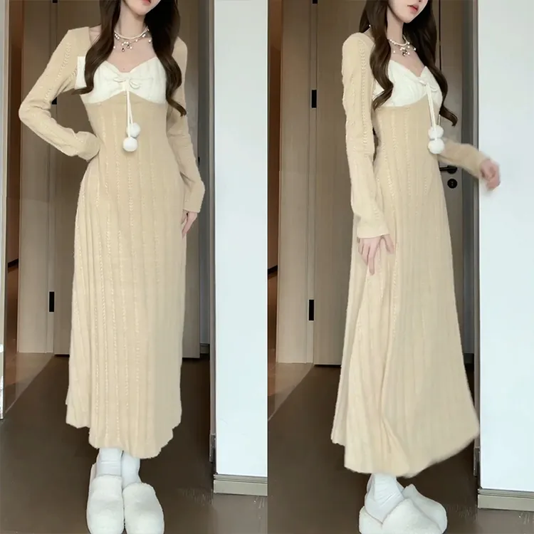 大码2025新款小个子法式针织连衣裙子女大衣内搭打底毛衣裙长裙