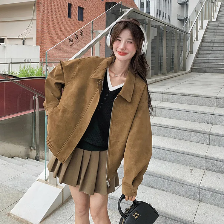 实拍咖色麂皮绒外套女春2025年美拉德复古设计感休闲工装夹克上衣