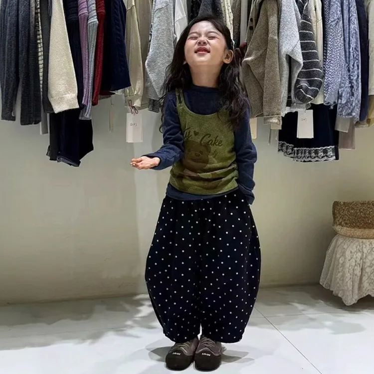 女童马甲套装春秋2025新款儿童时髦秋装女孩波点阔腿裤三件套洋气
