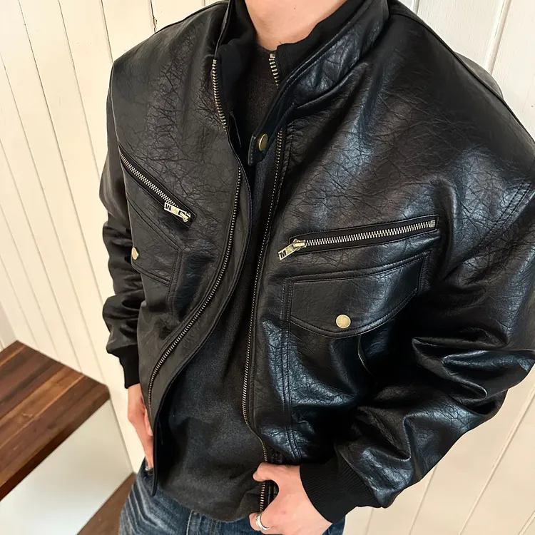 美式复古机车纯色舒适皮衣复古休闲重工潮流男女秋冬加绒加厚外套