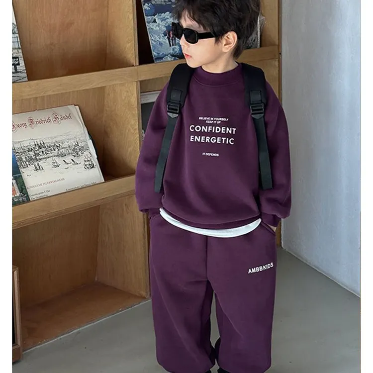 男童套装加绒加厚秋冬款2024新款儿童卫衣运动休闲冬季红色拜年服