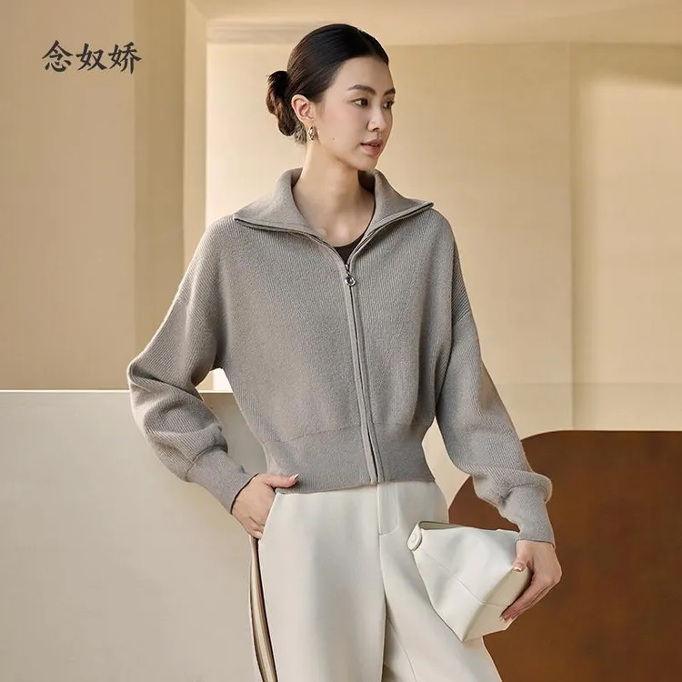 念奴娇商场同款冬新款羊毛开衫女大翻领气质短款针织衫女CNR4074