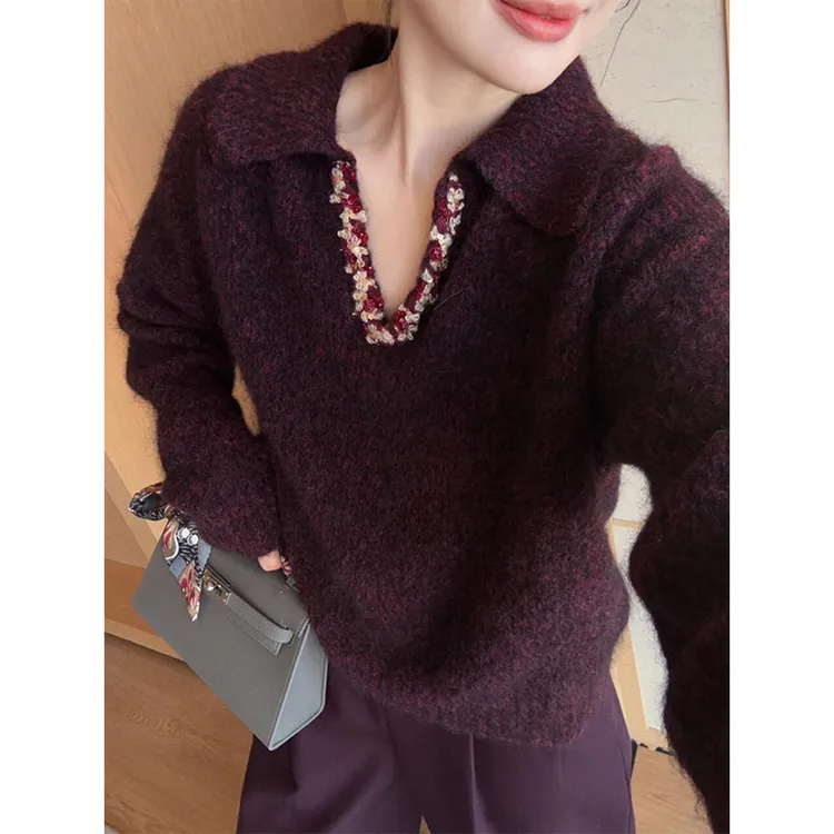 法式莓果红高级感针织衫女秋冬新款百搭复古时尚显瘦毛衣长袖上衣