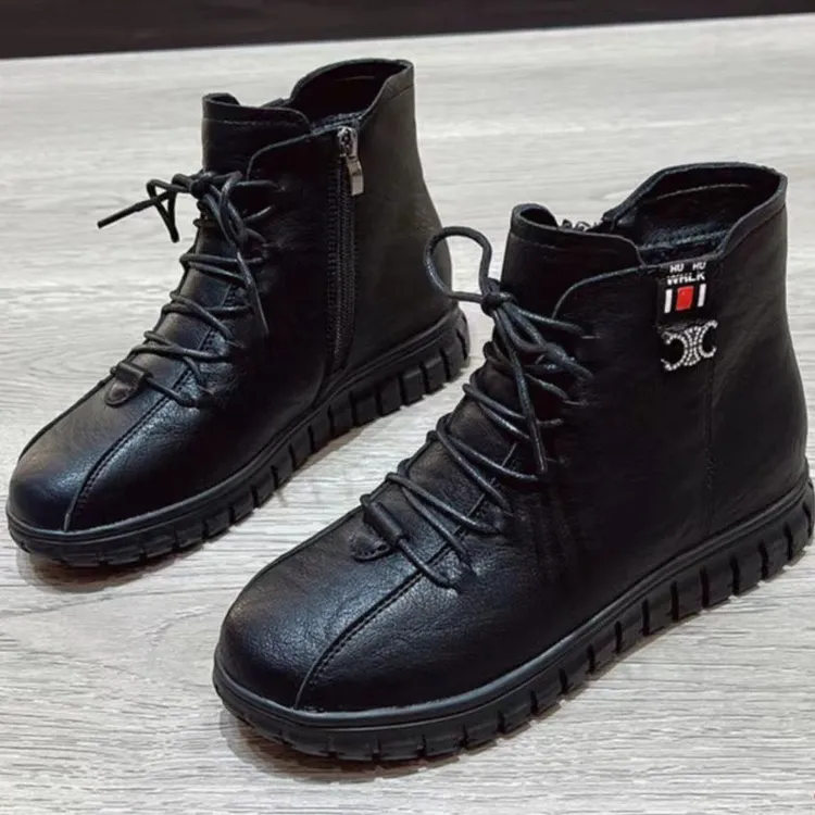 侧拉链冬季耐磨女鞋加绒保暖防滑软底平底舒适中老年短靴妈妈爆款