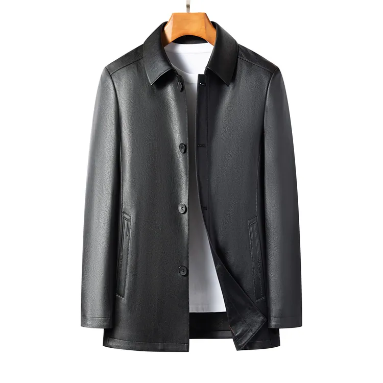 海宁男士加绒加厚商务休闲手工纽扣真皮保暖外套