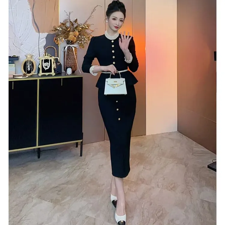 【电影画报】秋冬黑色连衣裙高级感赫本风裙子修身显瘦气质千金裙子