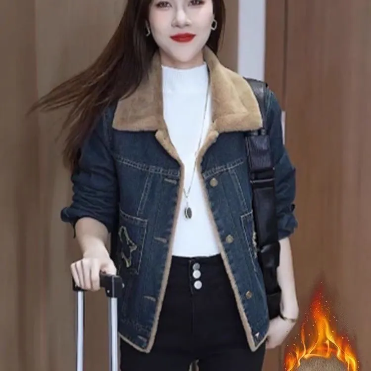 加绒加厚牛仔短款外套女士2025秋冬季新款时尚棉服小个子毛领上衣