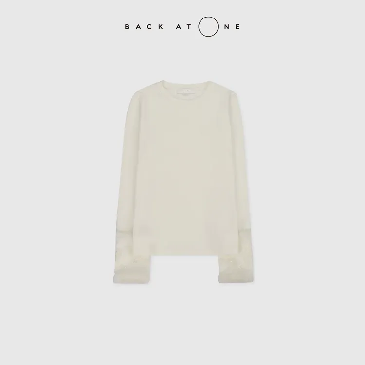 BACKATONE“法式雕花”袖口绣花米色长袖珠片上衣 BFF-1BB393Q-K 