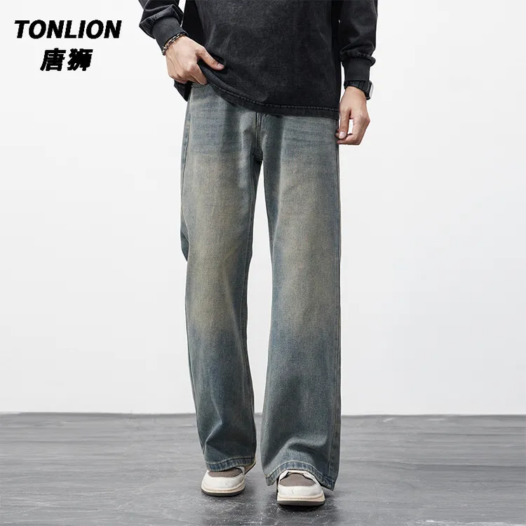唐狮2025秋季新款复古水洗牛仔裤男拉链猫须百搭高街宽松休闲裤子