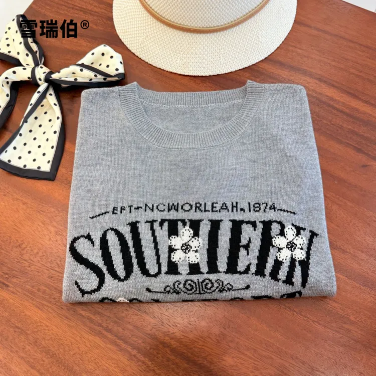 【桑蚕丝羊毛】英文花朵提花秋装黑灰针织衫圆领女装毛衣长袖729