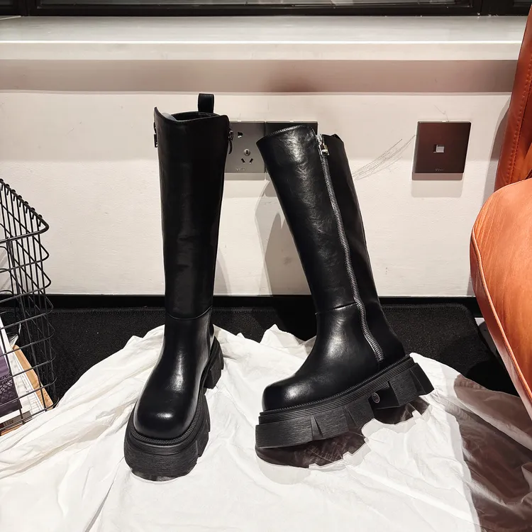 6CM增高~厚底双拉链不过膝长靴女冬新款加绒高筒骑士靴显瘦长筒靴