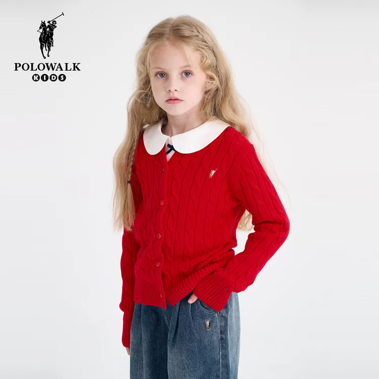 POLOWALK童装女童针织衫2025秋冬新款学院风百搭绞花毛衣套头衫