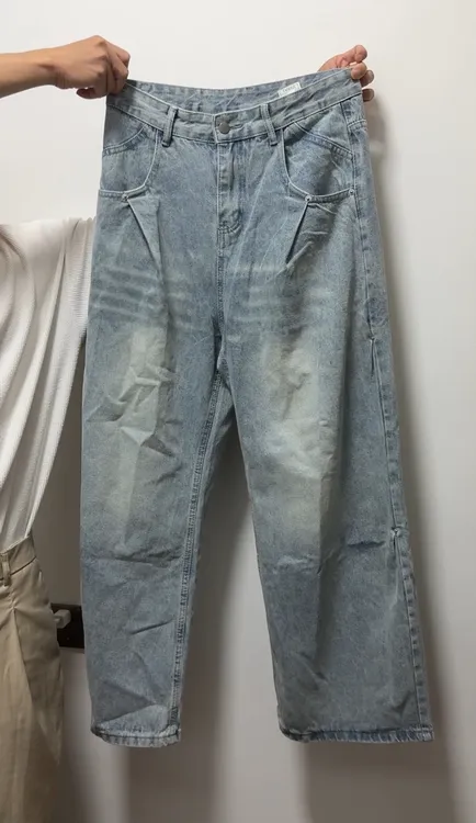 2025秋季少年风时尚中腰水洗做旧浅蓝休闲牛仔阔腿长裤男装