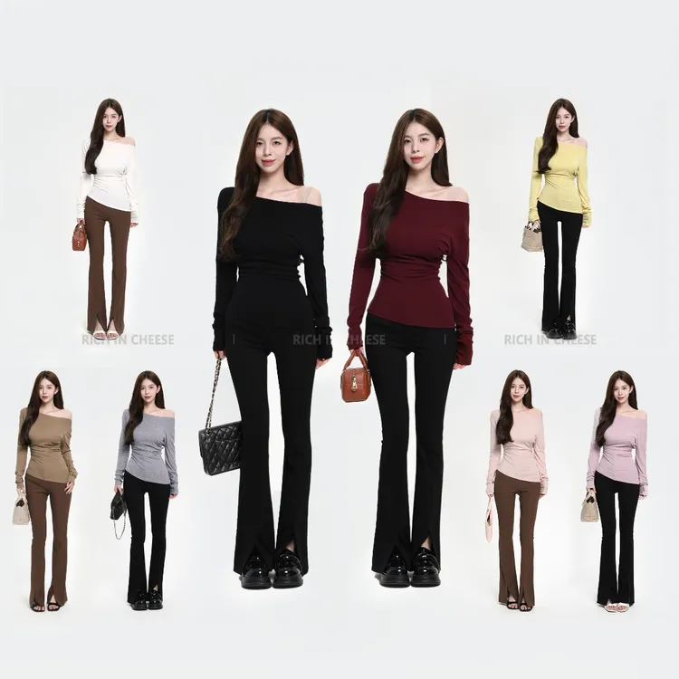 舒胡蕾 斜肩收腰T【部分现货】 天丝针织长袖T不规则修身女士显瘦