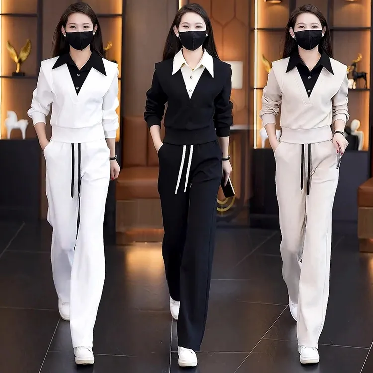 休闲运动套装女2025春季新款洋气显瘦假两件上衣阔腿裤时尚两件套