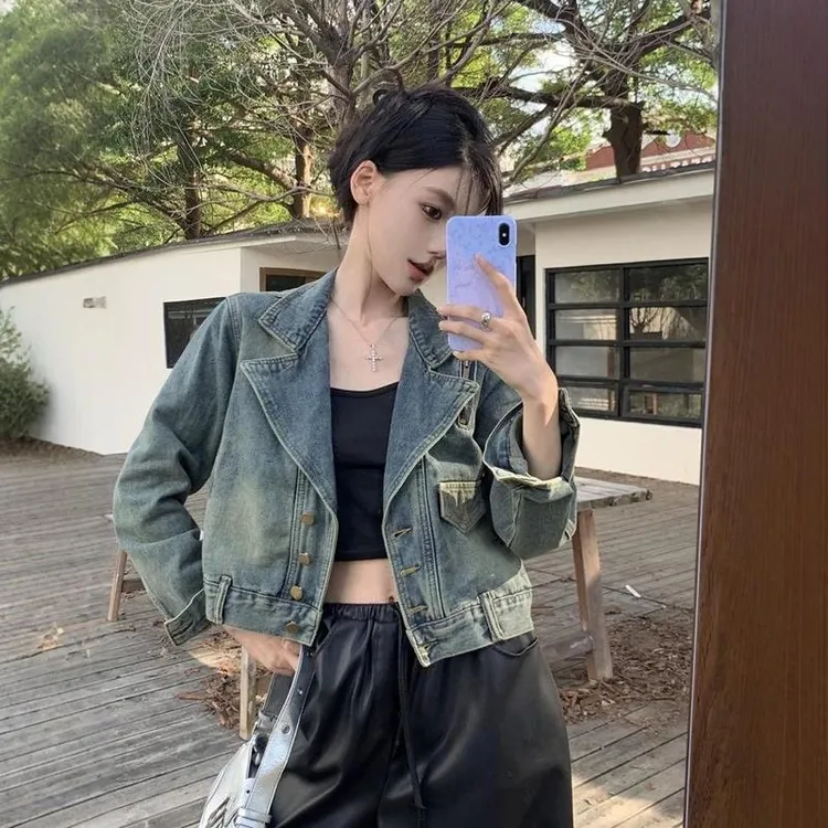 复古西装领牛仔外套女2025春秋设计感小个子短款显瘦休闲夹克上衣