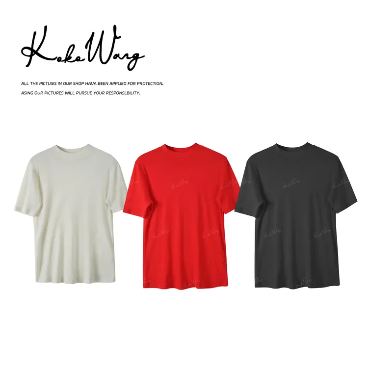 KOKOWANG冬季轻奢澳洲进口100%棉超细纱线圆领短袖T恤N2515L06T43