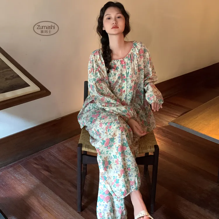 族玛士睡衣女春秋季2025新款冬天韩版碎花大码纯棉长袖家居服套装