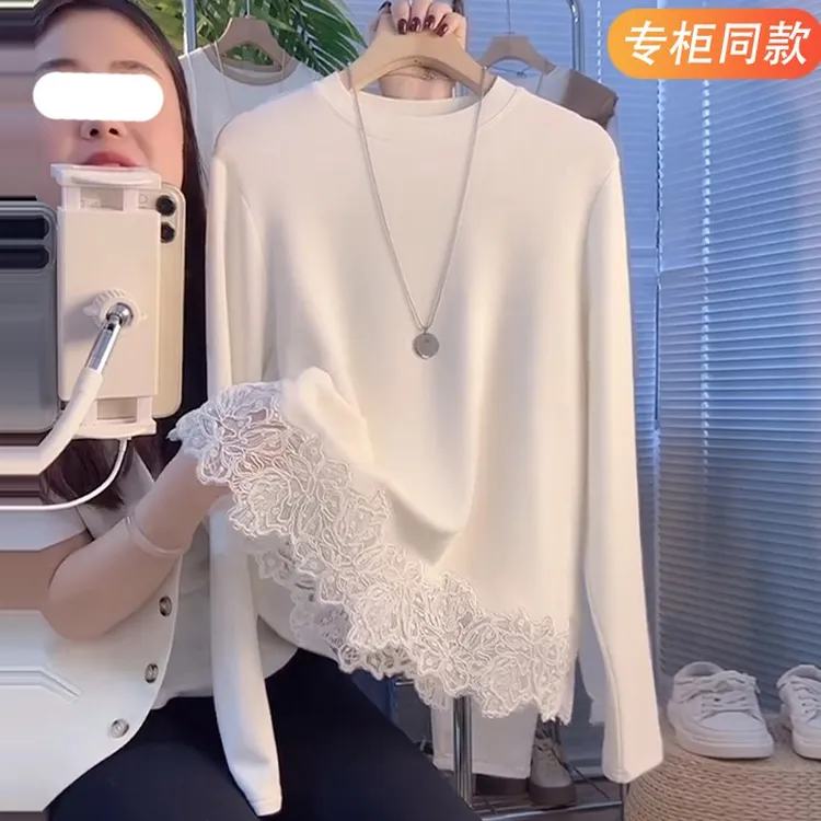 设计感蕾丝拼接长袖T恤女秋冬新款显瘦打底上衣双面德绒宽松休闲
