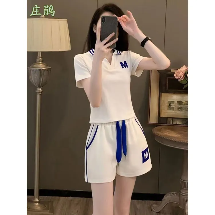 2025欧货时髦小个子休闲运动套装女士夏季短款polo跑步短裤短袖两
