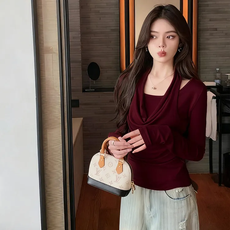 翰代维气质荡领假两件长袖t恤女新款挂脖修身显瘦设计感打底上衣