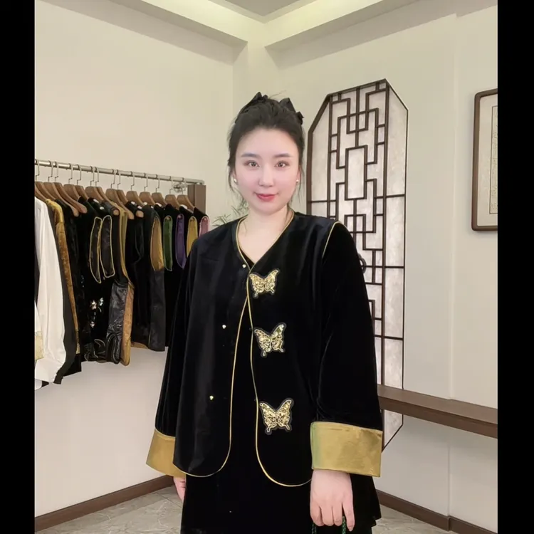 【金蝶·丝绒马甲】秋季钉珠金蝴蝶马夹中式丝绒马甲女装时尚无袖