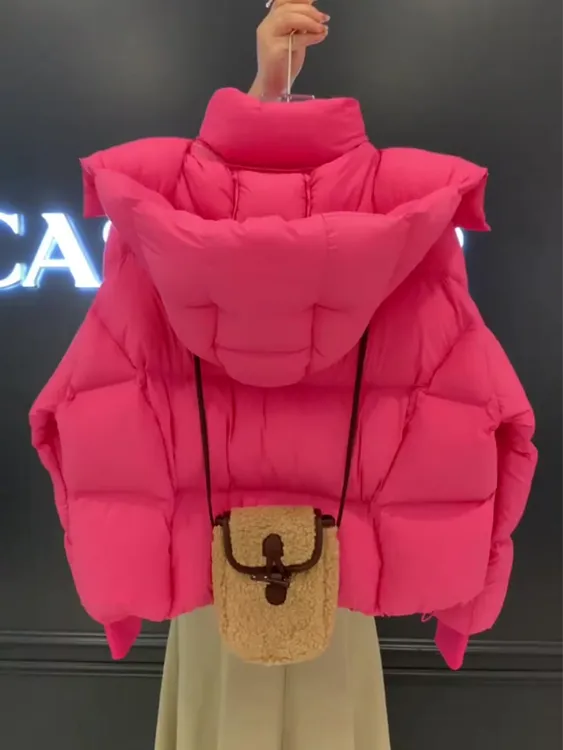 今年流行漂亮火龙果色连帽气质棉服棉衣女2025秋冬季新款短款外套