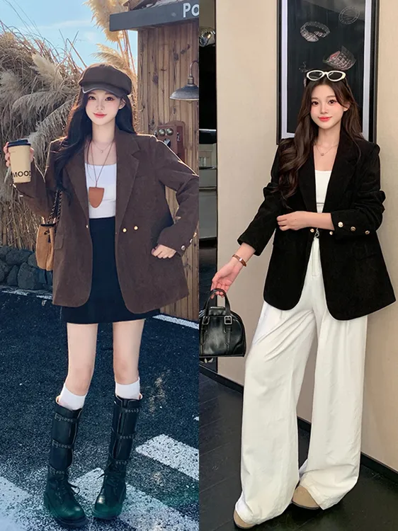 2025秋装新款胖mm大码女优雅休闲修身显瘦灯芯绒西装外套22966