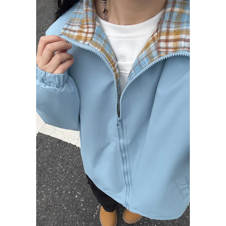 加绒fitcheck格子拼接夹克男春秋复古设计感无帽薄款美式保暖加厚