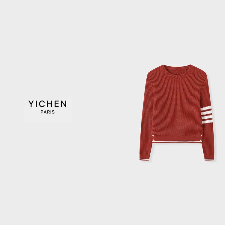 YC 铁锈红经典四杠条纹圆领针织毛衣-2851