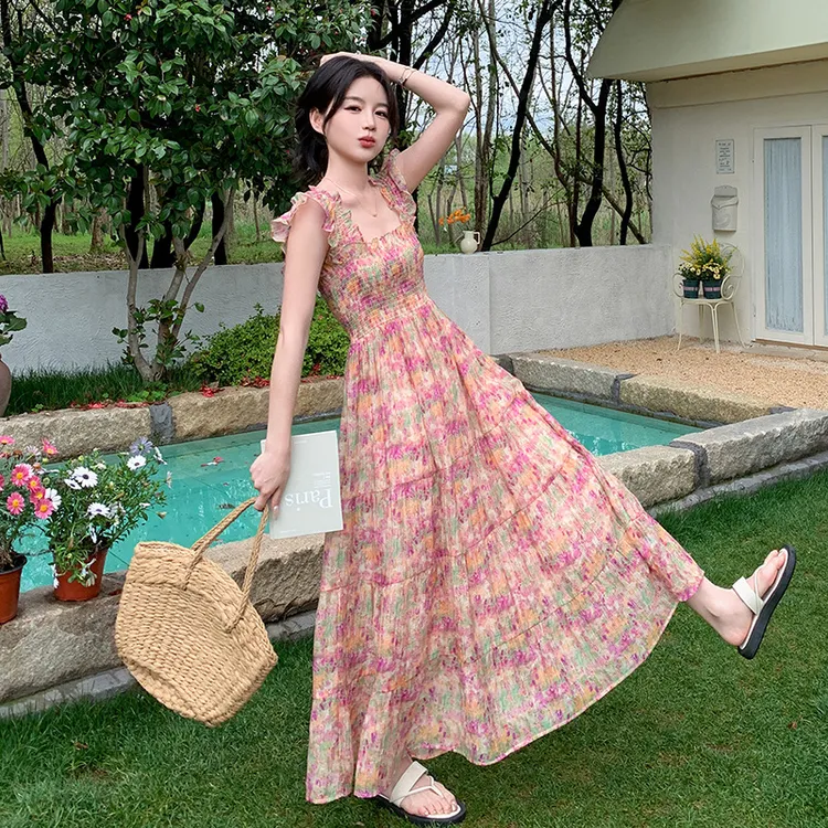 实拍显高显瘦中长款A字裙子2025年夏装新款碎花印花甜美连衣裙女