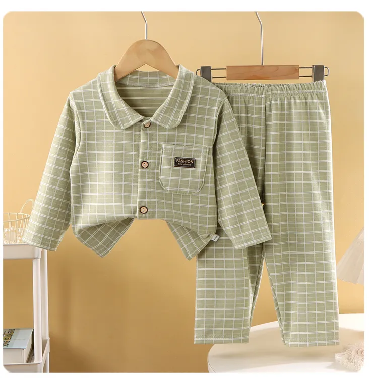新款儿童翻领家居服睡衣套装方格睡衣德绒开衫男女宝宝保暖秋冬款