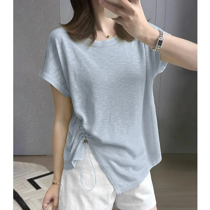 大码T恤女2025夏装不规则圆领冰丝短袖设计减龄显瘦上衣洋气衣服