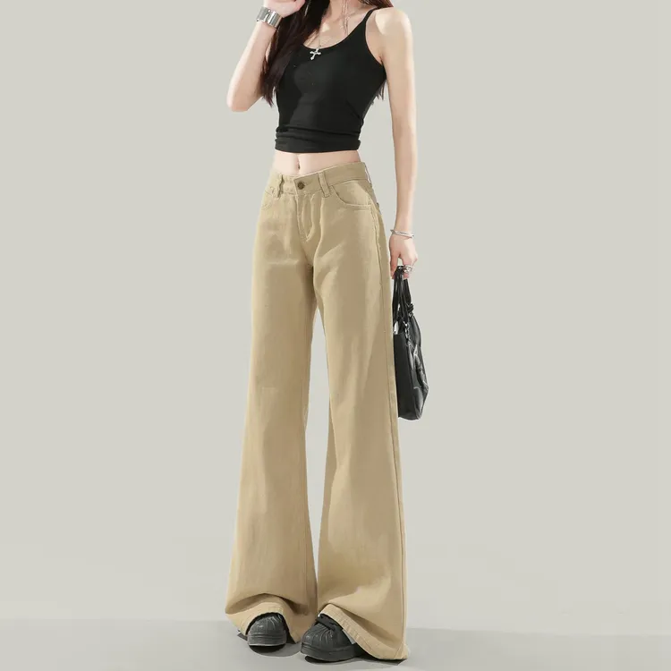 美式复古卡其色低腰牛仔裤女2025夏秋新款辣妹不贴腿微喇阔腿长裤