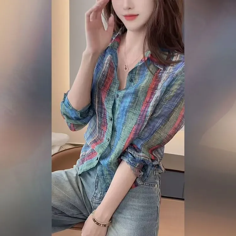 2025夏季宽松显瘦百搭减龄小众上衣港风复古撞色条纹长袖衬衫女装