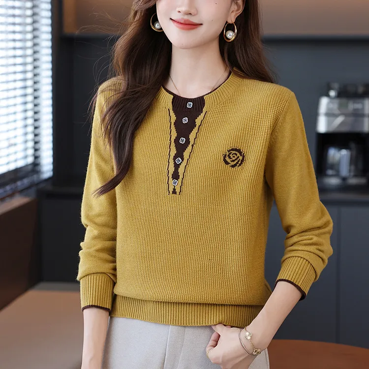 圆领休闲韩版套头女宽松百搭洋气山茶花毛针织衫打底毛衣显瘦时尚