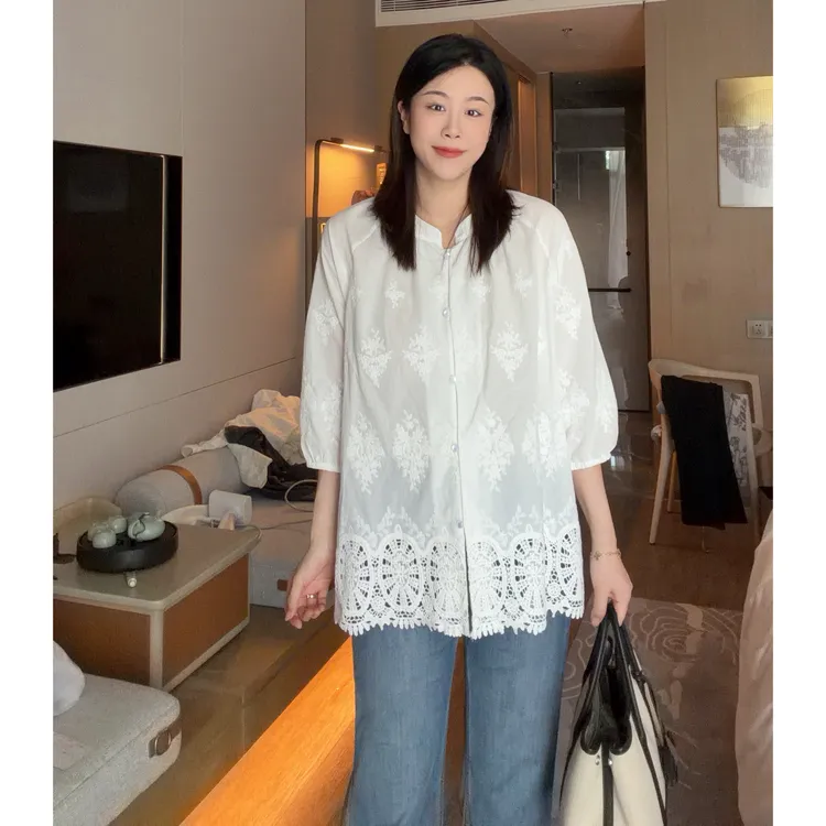 NANA【云纹】100%棉重工蕾丝刺绣灯笼袖白衬衫娃娃衫女显瘦C0833