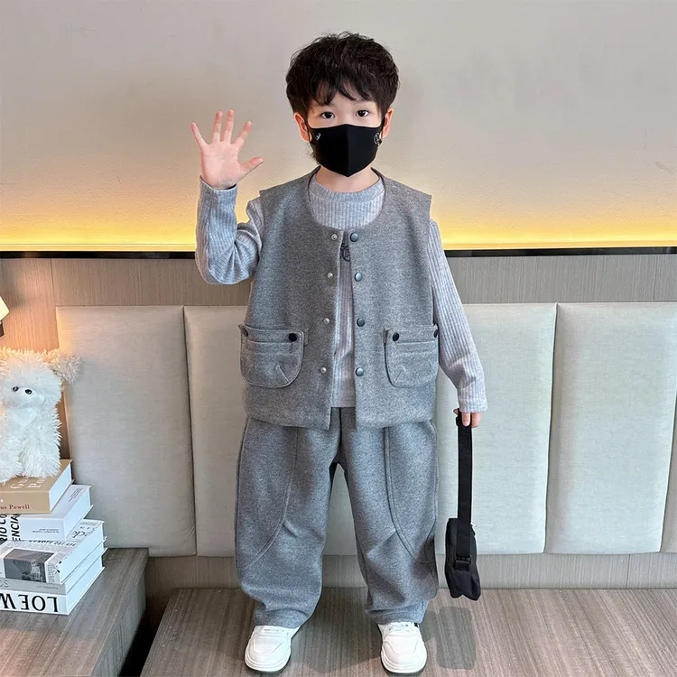 男童秋季套装2025新款时髦儿童韩版马甲三件套洋气男宝春秋潮衣服