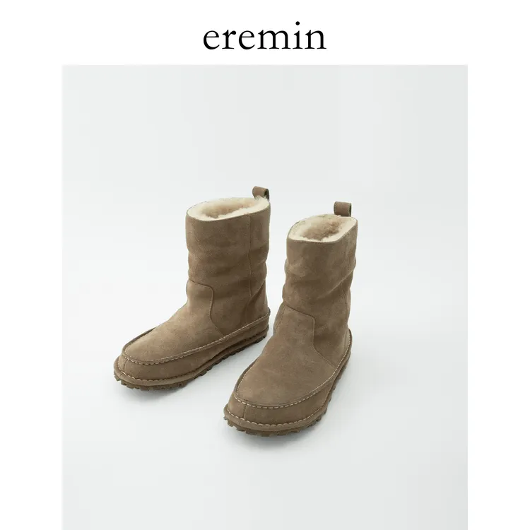 Min 手工缝线圆头反绒皮平底中筒雪地靴