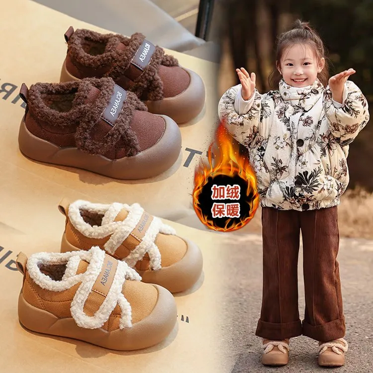 ABC女童棉鞋加绒面包鞋美拉德儿童毛毛鞋2025冬季软底男宝宝鞋子