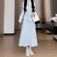 【现货+运补】新中式国风蓝色连衣裙女秋冬内搭针织裙毛衣裙8416
