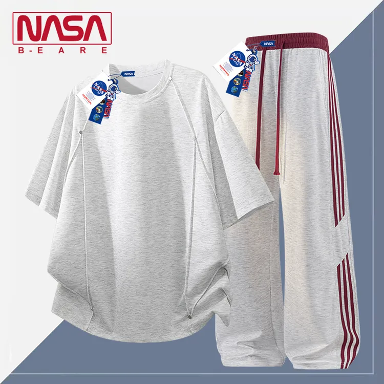 NASA联名立体拼接短袖t恤男套装青少年复古条纹休闲长裤夏季穿搭