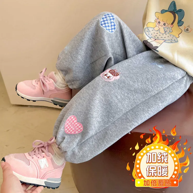 女宝宝卡通刺绣加绒裤子2025新款冬季儿童卫裤洋气保暖裤中小童