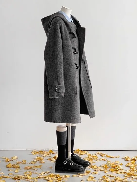 秋冬毛呢外套中长款灰色毛呢大衣连帽呢子韩版帅气宽松潮流加厚