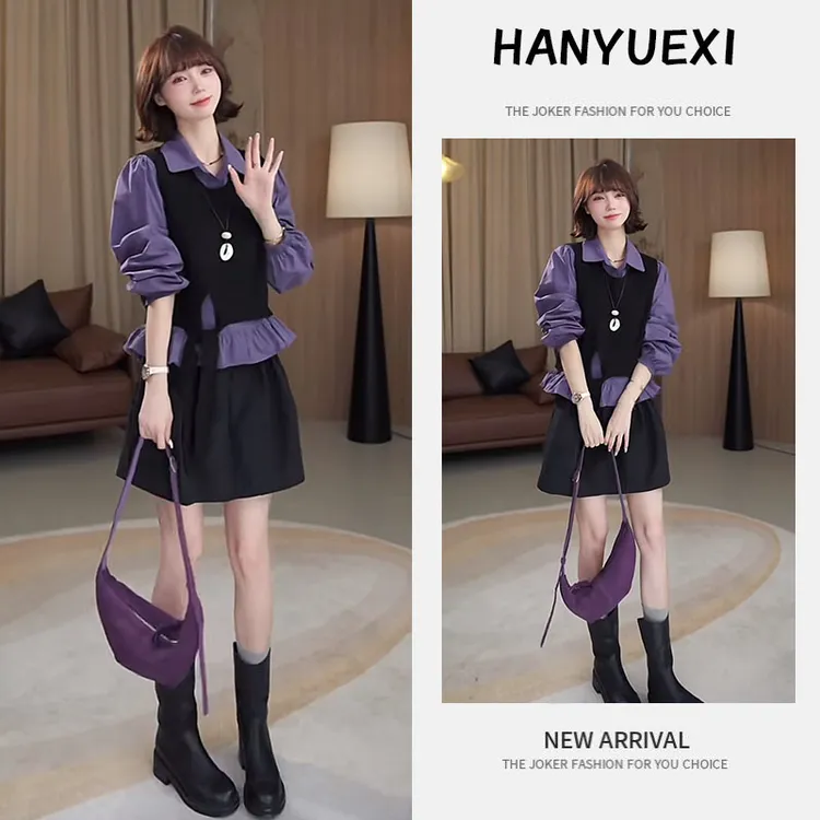 秋季洋气一整套女装2025新款收腰衬衫百搭马甲高腰半身裙三件套潮