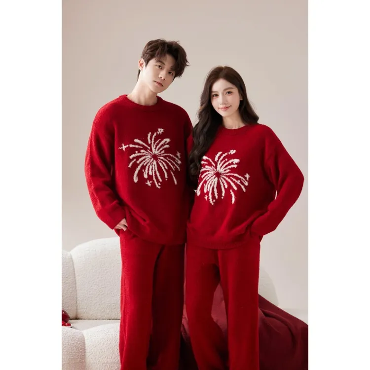 【跨年必备】情侣款亲子款抗静电睡衣套装新年红半边绒家居服跨年款