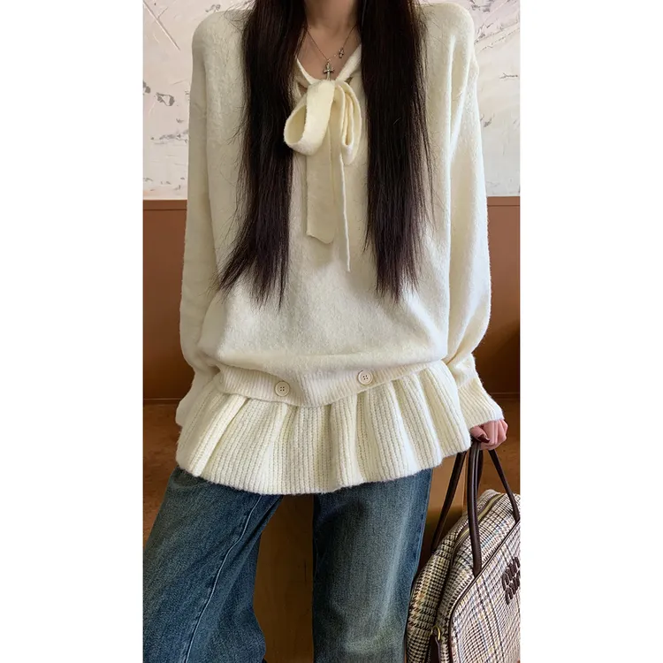 韩国秋冬季内搭慵懒气质百搭套头软糯长袖针织衫花边毛衣女设计感