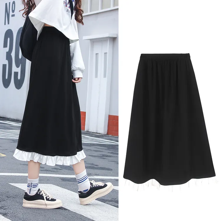 黑色半身裙女春秋设计感小众女中长款宽松遮胯显瘦高腰复古a字裙