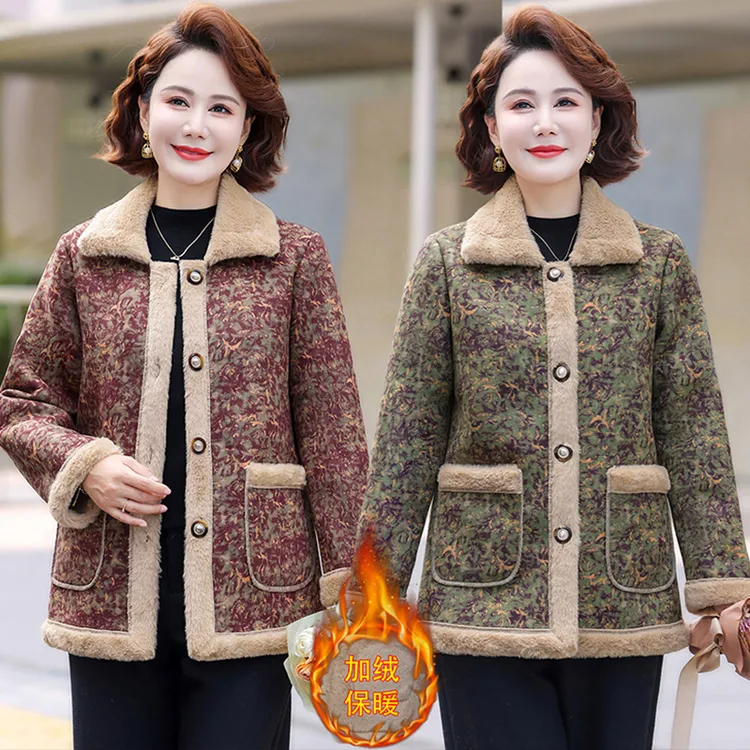 妈妈冬装翻领加绒加厚棉衣外套中老年女装洋气宽松保暖印花上衣