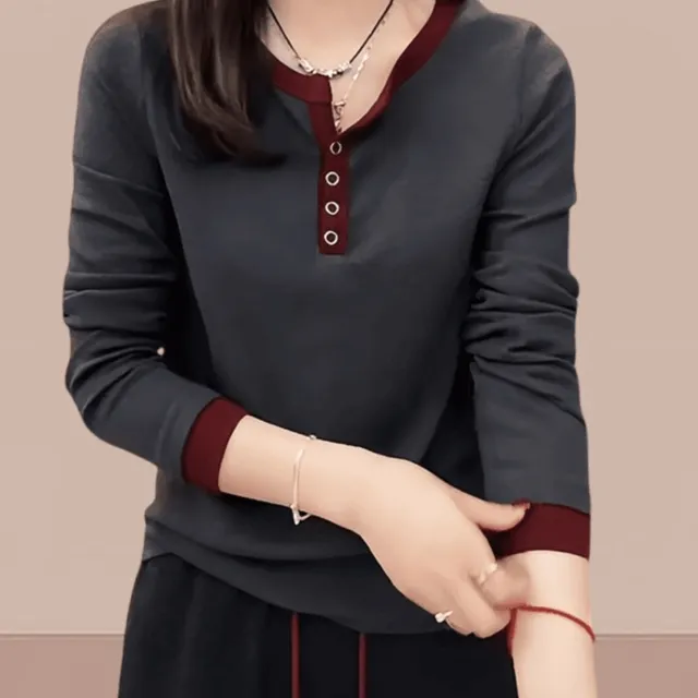 欧洲纯棉灰色长袖t恤女士时尚对比色西式修身衬衫2025早秋穿上衣